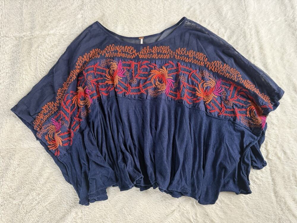 Free People Love Letter Embroidered Oversized Poncho Top Navy Blue Boho Medium